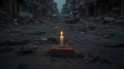 Single Candle Light in War Torn City Street - Hope and Peace Symbol
