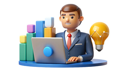 3D businessman analyzing data on laptop with lightbulb and charts