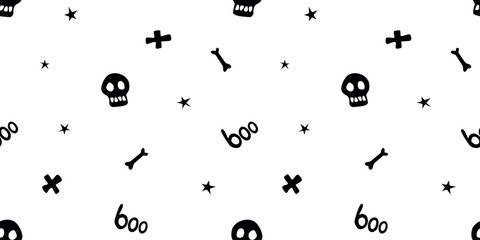 Halloween seamless pattern with bones, skulls, other holiday death symbols. Vector illustration, wrapped paper, background and texture in flat doodle style, isolated.