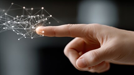 A hand reaches out to a virtual screen, engaging with a digital brain icon on a dark backdrop in a technology-focused context