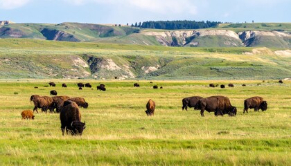 Fototapeta premium Bison Herd Grazing in the Scenic Plains of Montana
