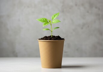 A small green seedling grows in a brown paper cup against a grey background