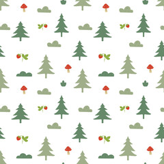 Forest seamless pattern on a white background. Mushrooms, trees, pine, bushes, strawberries, fly agaric. Abstract and simple pattern. Hand drawn forest textile