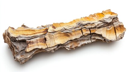 Bark-covered log with splinters and earthy tones isolated on white