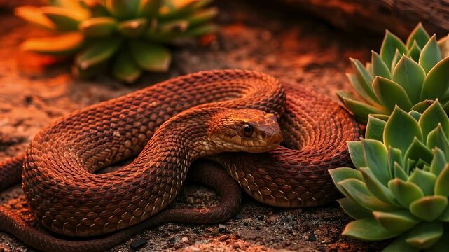 Gentle rotation around a coiled snake nestled in succulents, catching the afternoon light.