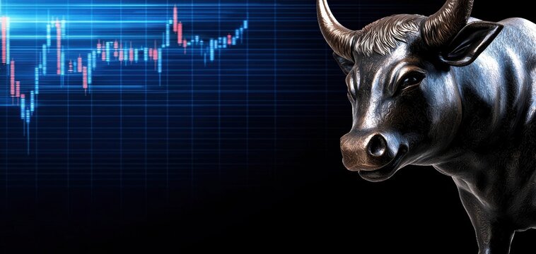 A bronze bull statue symbolizes market growth and investment success, against a backdrop of rising stock charts.