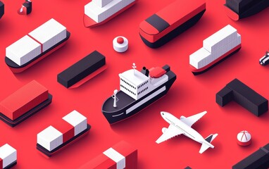 A vibrant arrangement of various transportation models including ships and planes on a bold red background.