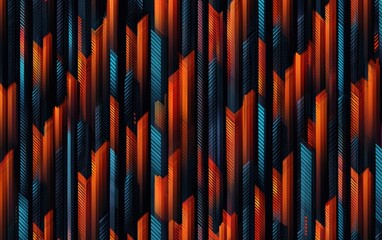Dynamic abstract pattern featuring vibrant orange and blue hues with sharp geometric shapes.