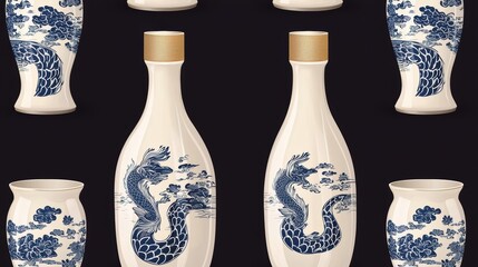 Elegant collection of traditional Chinese vases with intricate dragon designs on a contrasting background.