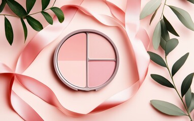 Elegant blush palette surrounded by soft ribbons and leaves, perfect for beauty and makeup styling.