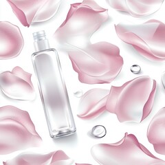Elegant glass bottle surrounded by delicate pink rose petals, creating a serene and luxurious ambiance.