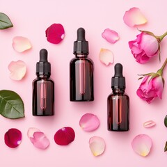 Elegant dropper bottles surrounded by rose petals on a soft pink background, perfect for beauty and skincare themes.