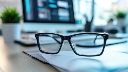 Black rectangular glasses folded on a clean office desk setup with tech accessories