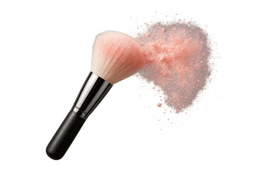 Makeup brush with pink powder isolated on transparent background, beauty shot