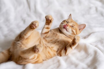 Playful orange tabby cat rolling on back with tongue out on soft white blanket