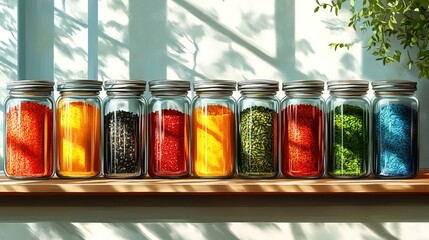 Colorful Assorted Spices and Grains in Glass Jars on Wooden Shelf