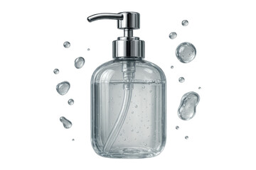 Obraz premium Transparent plastic bottle with dispenser pump and liquid drops isolated on white