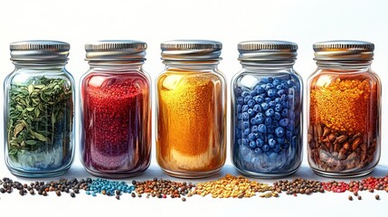 Colorful Assorted Spices and Grains in Glass Jars on Wooden Shelf