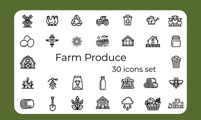 Farm produce icon set featuring 30 simple agricultural illustrations  