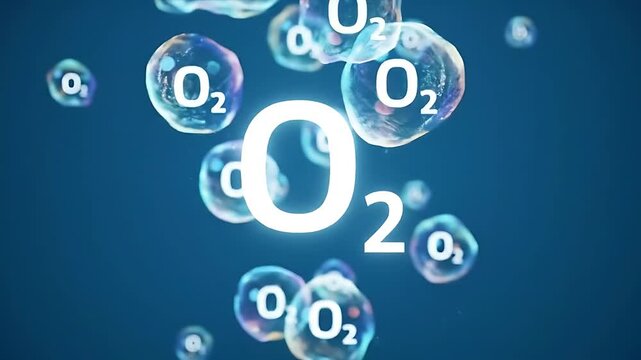Bubbles floating up animation on blue background with the oxygen symbol, abstract blue background