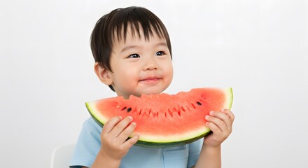 笑顔輝く子供 水分たっぷりスイカを頬張る 夏の爽やか写真. AI Generated