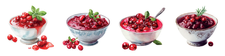 Set of red berry sauce in png images. Watercolor sauce pots with berry sauce, jam, etc. Concept of sweet sauce for meat, dressings and desserts. Cranberry sauce for turkey. Vector illustration.