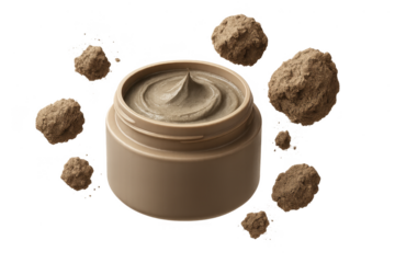 Cosmetic clay mask in jar with clay pieces isolated on transparent background