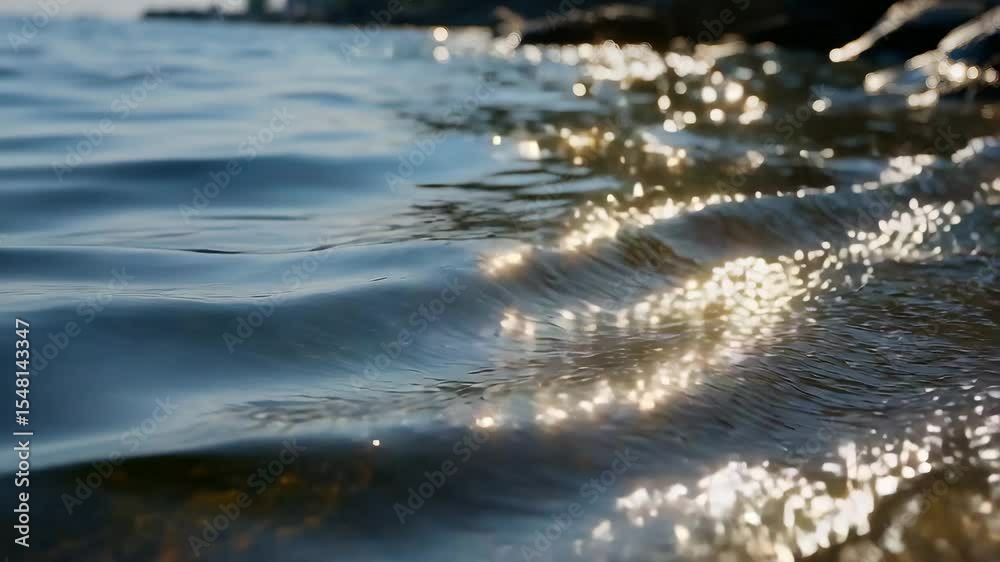 Aufkleber The play of light on the water surface. A mesmerizing view of small waves with sun glare, creating a sense of harmony and summer. Meditation, relaxation and creating an atmosphere of calm. 
