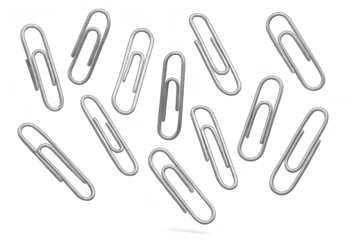 Group of silver paper clips isolated on a transparent background, office supplies.