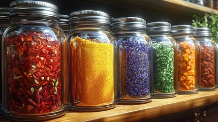 Colorful Assorted Spices and Grains in Glass Jars on Wooden Shelf