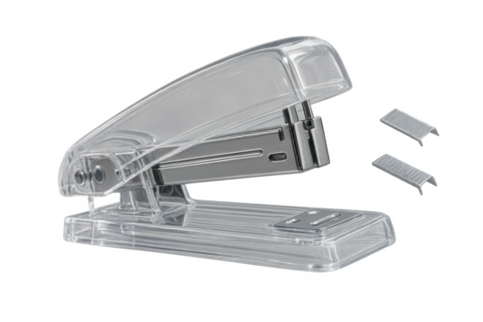 Transparent stapler and staples isolated on a transparent background, clear