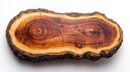 Cross-section of a tree log on white background highlighting natural wood grain and growth rings