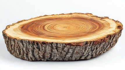 Cross-section of a tree log on white background highlighting natural wood grain and growth rings