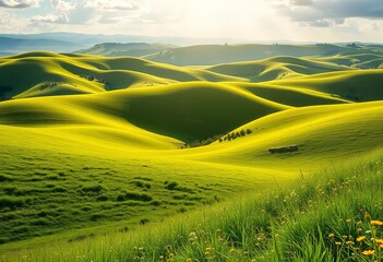 Rolling hills of vibrant green, sunlit meadow, idyllic countryside vector art,  vibrant,  lush