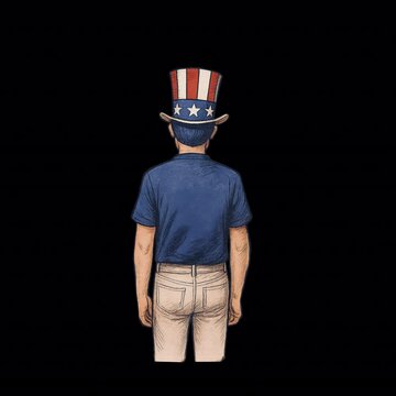 Looped animation of a man facing away, wearing a USA hat and casual patriotic outfit