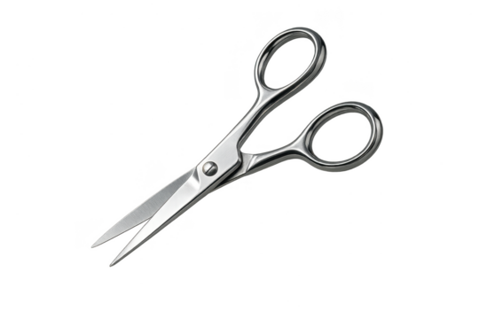 Metal scissors isolated on transparent background, silver and sharp tool detail