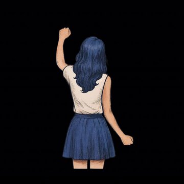 Looped animation of a woman in a white top and blue skirt raising her fist