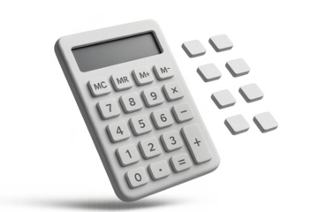 White calculator with extra buttons isolated on transparent background cutout