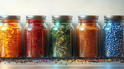 Colorful Assorted Spices and Grains in Glass Jars on Wooden Shelf