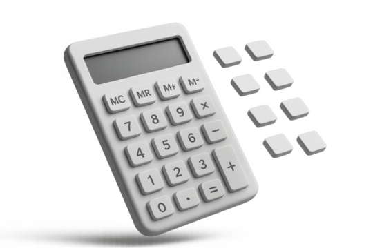 White calculator with extra buttons isolated on transparent background cutout