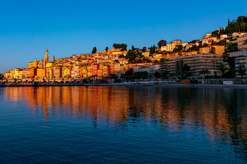 The city of Menton, France - french riviera- in sunrise colors