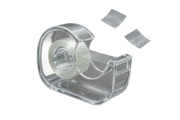 Naklejka premium Transparent tape dispenser and pieces of tape on transparent background