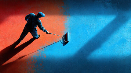 Worker painting with roller on half red half blue floor casting long shadow