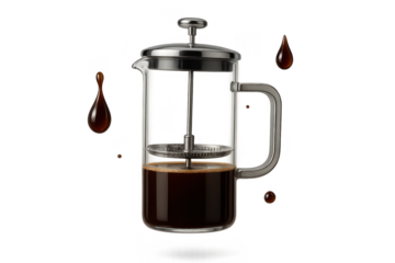 French press coffee maker isolated on transparent background, coffee drops