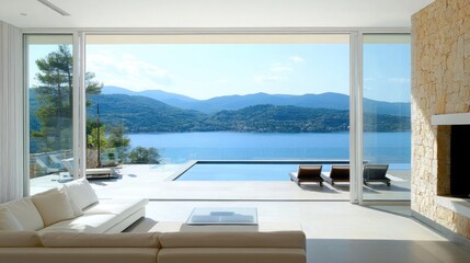 Elegant glass sliding doors with white frame connecting home interior to terrace