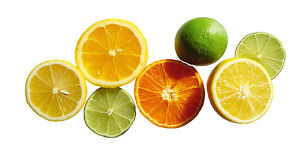 Fototapeta premium Flat lay of summer citrus fruits - lemon, orange, lime - sliced and arranged on marble surface, top view, bright daylight, PNG 