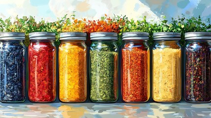 Colorful Assorted Spices and Grains in Glass Jars on Wooden Shelf