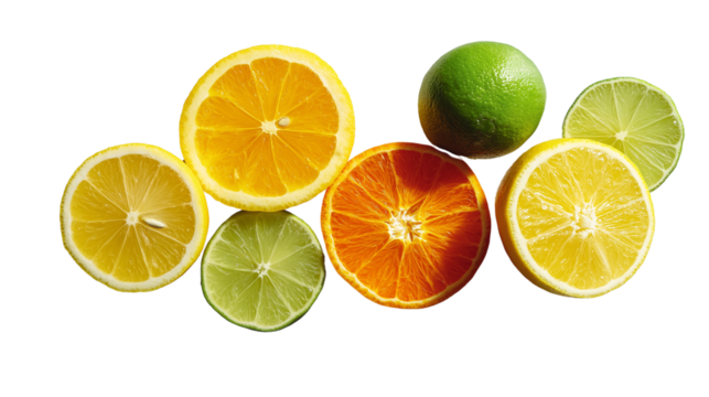 Flat lay of summer citrus fruits - lemon, orange, lime - sliced and arranged on marble surface, top view, bright daylight, PNG