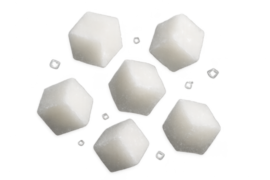Pile of sugar cubes isolated on transparent background, white geometric food