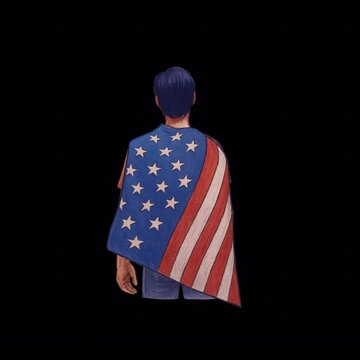 Looped animation of a young man wrapped in the American flag like a cape